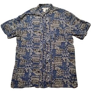 VTG EXPRESSIONS WORLD WIDE Men Large Blue Abstract Art Rayon Button Camp Shirt